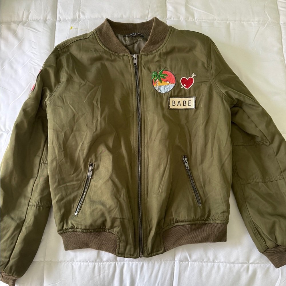 Olive Bomber Jacket with Patches